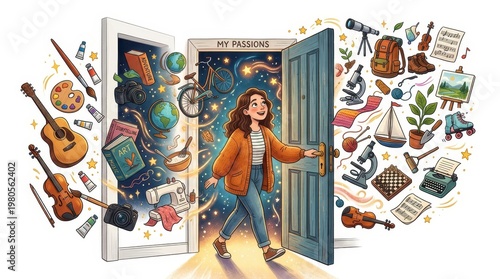 A girl walks through a door with many items around her showing different hobbies and interests