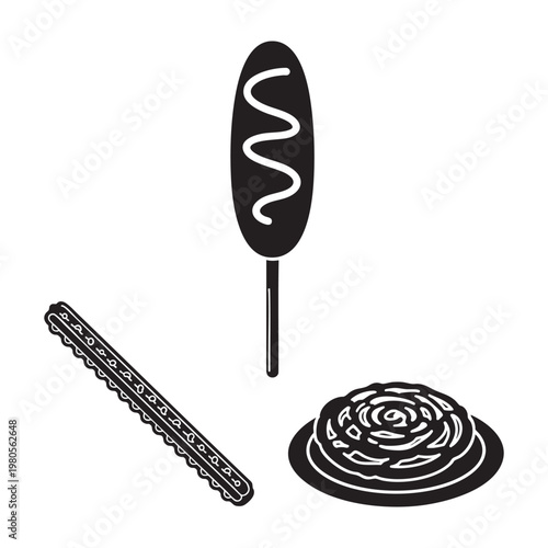 Fair food icons with corn dog churro and a funnel cake