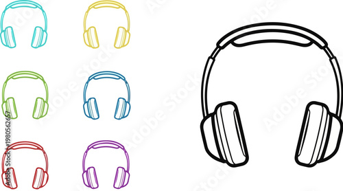 Minimalist headphones line icon set, modern audio headset vector collection, colorful music equipment symbols for podcasting and gaming apps