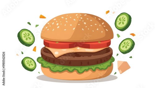 A cartoon-style illustration of a juicy burger with lettuce, tomato, cheese, and cucumber slices.