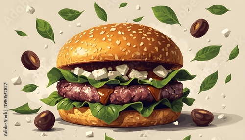 A delicious burger with lettuce and cheese surrounded by flying ingredients
