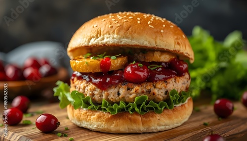 A delicious burger with cranberry sauce and pineapple on a wooden table