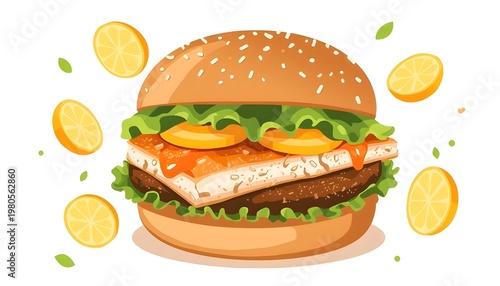 A delicious burger with salmon and lemon slices on a white background