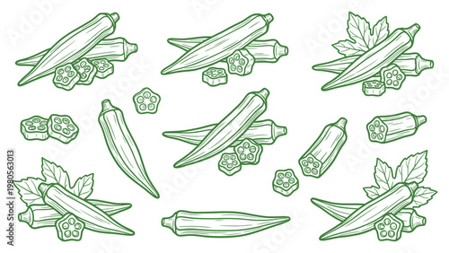 Hand drawn okra vegetable set with whole pods and sliced pieces