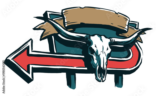 Western steer skull adventure. Wild west direction sign. Grunge skull artwork for t-shirt print, poster, sticker, label and other uses.