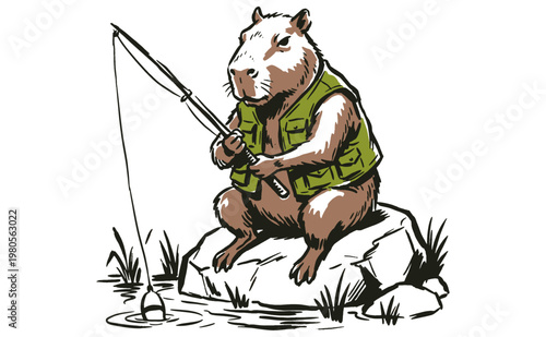 Gone fishing. Capybara fishing club design. Outdoor adventure art for t-shirt print, poster, sticker, and outdoor gear branding.