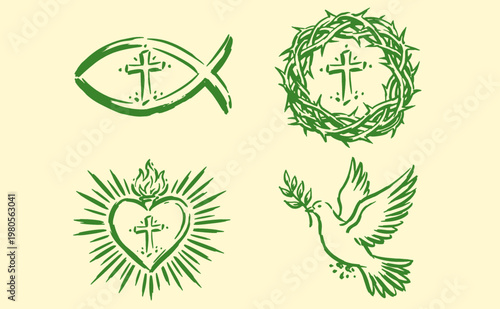 Christian symbols collection, hand drawn religious art. Cross, crown of thorns, sacred heart and dove design for t-shirt print and posters.