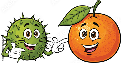 Cute durian and orange fruit mascot characters smiling cartoon vector illustration for tropical food and healthy lifestyle design