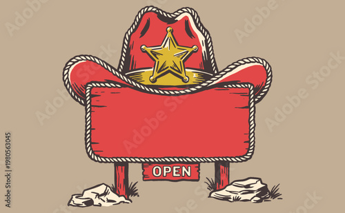 Wild West open sign artwork. Sheriff hat vintage design. Western rustic aesthetic for poster, t-shirt, sticker, and interior decor.