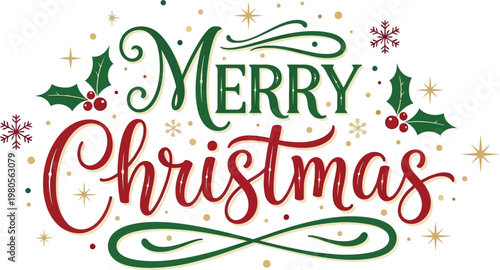 Merry christmas text with holly berries snowflakes and stars holiday greeting