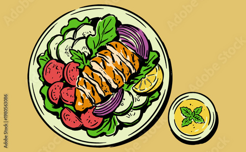 Eat clean live healthy. Grilled chicken salad bowl illustration. Fresh greens, tomato, onion. Food art for cafe menu, poster, t-shirt design.