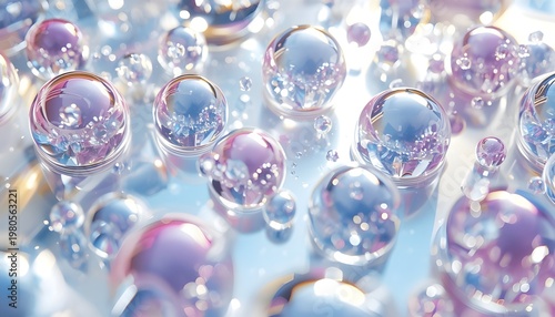 A close-up view of numerous transparent bubbles of various sizes in shades of purple and blue, glistening on a reflective surface.