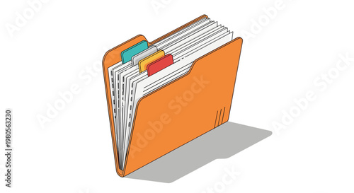 Isometric vector illustration of an open orange office file folder filled with organized documents and colorful index tabs, representing business administration and management.