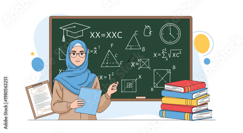 Educational vector illustration of a female teacher wearing a hijab standing in front of a chalkboard filled with complex mathematical equations, geometry, and stacked books.