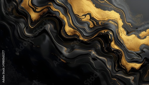 A luxurious abstract design featuring black and gold swirling patterns