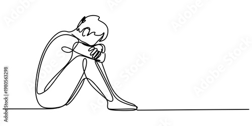 Continuous line drawing of a lonely person sitting on the ground with their head down in sorrow Vector, illustration