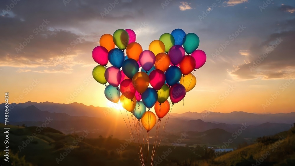 Fototapeta premium Colorful balloons form a heart above mountains at sunset. Sunlight glows warmly behind the cluster. Dreamy, hopeful, and whimsical atmosphere fills the sky. Perfect for romantic, celebratory
