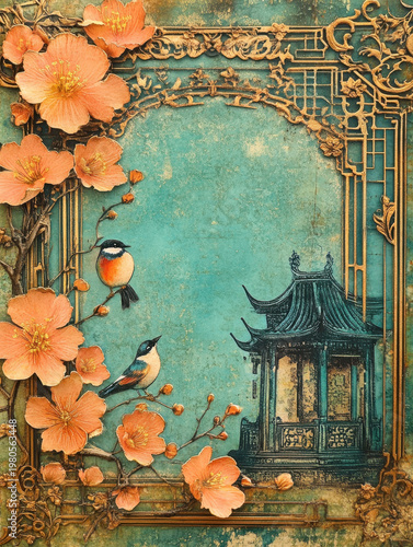 Ornate frame teal background peach flower songbird oriental pavilion vintage art floral border golden ornament romantic scene spring season Delicate ornate frame teal background with peach flower