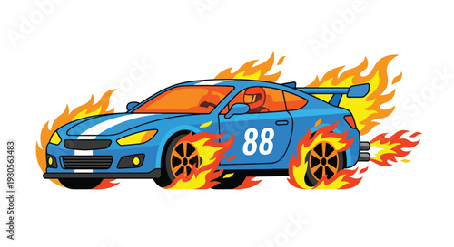 Cartoon illustration of a blue race car engulfed in vibrant flames