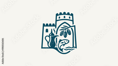 Elegant Logo Featuring a Castle Olive Branch and Fish