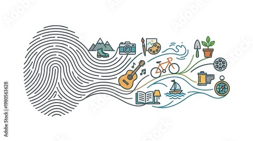 A design unites diverse hobbies and activities, showcasing creativity and varied interests