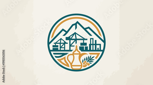 Elegant Logo Featuring Mountains Port Structures and Coffee Pot