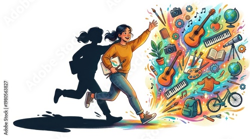 A child runs joyfully while objects representing hobbies and interests burst around them in colors