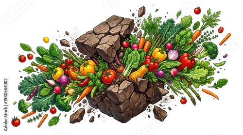 Fresh vegetables grow out of cracked earth in a garden. Bright colors show the variety of plants