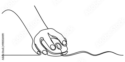 A single continuous line drawing of a human hand operating a computer mouse on a white background Vector, illustration