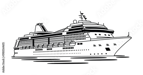 Vector of a large cruise ship sailing on calm waters with multiple decks and features