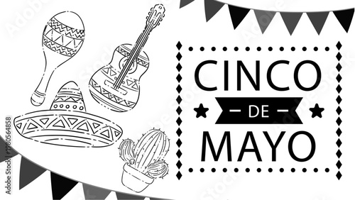Cinco de Mayo Line Art Banner with Mexican Guitar, Cactus and Sombrero Illustration