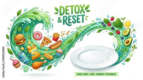 Food items flow around a plate showing a contrast between unhealthy and healthy options for meals