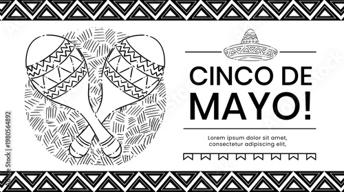 Black and White Cinco de Mayo Invitation Template with Maracas and Sombrero Line Art