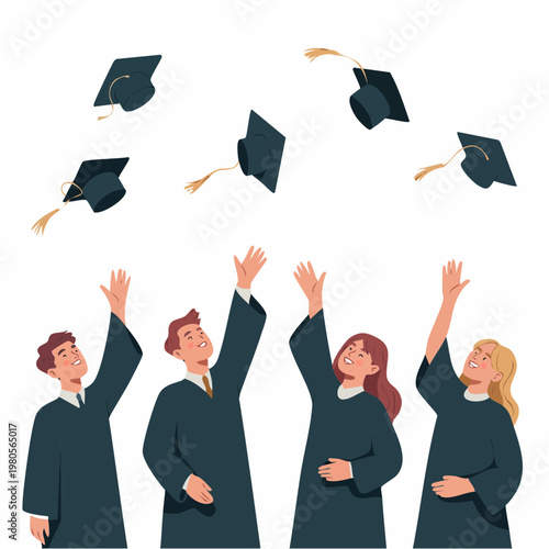 Happy graduates throwing academic caps in the air celebration