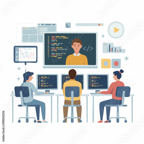 Flat illustration of three people coding at computers with coding scre