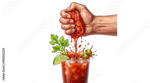 A hand squeezes a ripe tomato over a glass filled with ice and drink ingredients, including herbs