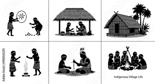 Set of silhouettes depicting daily life and activities of indigenous people in a traditional village setting.