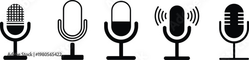 Microphone icon set illustration, audio recording and podcast symbols for media and broadcasting design