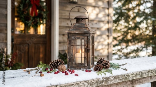 Rustic Farmhouse Lantern with Distressed Wood and Candle Accents on a Snowy Winter Porch