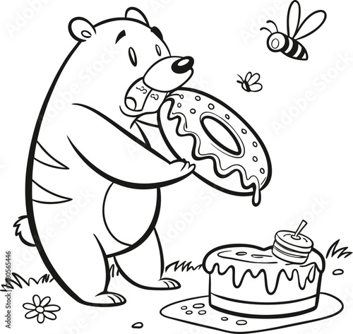 Cute bear coloring page vector, funny cartoon grizzly eating a donut and cake, black and white line art illustration for kids activity book