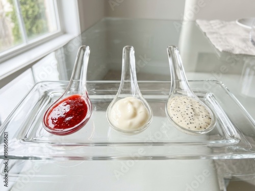 Three glass spoons filled with vibrant fruit coulis, creamy sauce, and herb-infused dressing on a clear tray