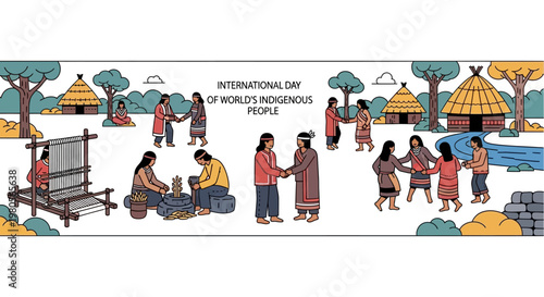 Diverse indigenous people engaged in traditional cultural activities and community life.