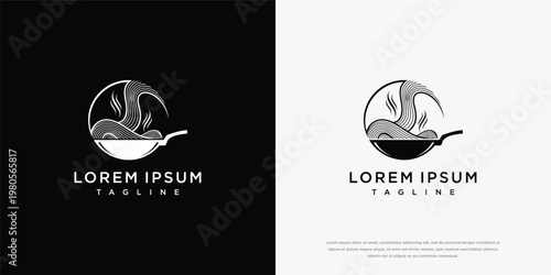 Modern Circular Frying Pan Logo with Rising Steam and Leaves