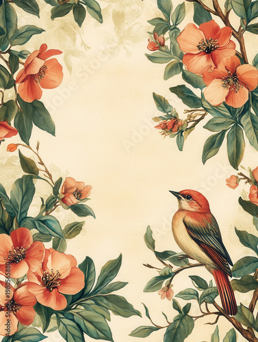 Vintage floral bird watercolor illustration botanical border spring blossom orange flower songbird garden branch nature background floral frame pastel color Vintage floral bird watercolor