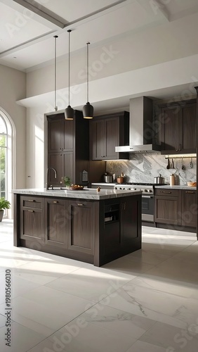 A modern kitchen with dark wood cabinets and a large island