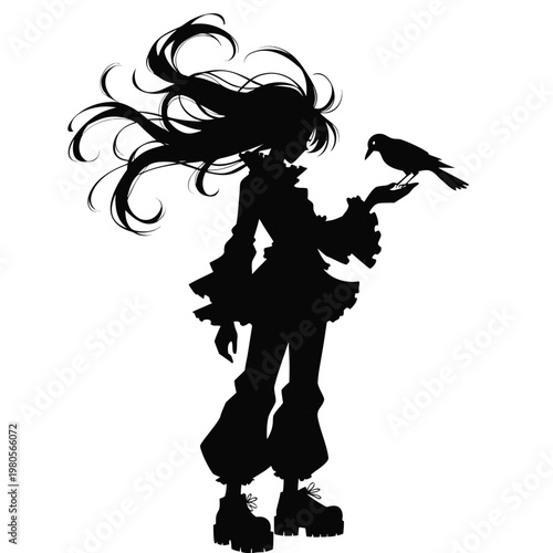 Gothic anime girl silhouette with crow, mysterious female character with long flowing hair, dark fantasy vector illustration on white background
