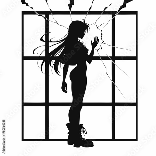 Anime girl silhouette standing by broken glass window, mysterious female character vector, dramatic manga style illustration with cracks and lightning