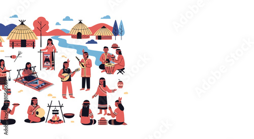 Indigenous community people in traditional clothing performing daily activities.