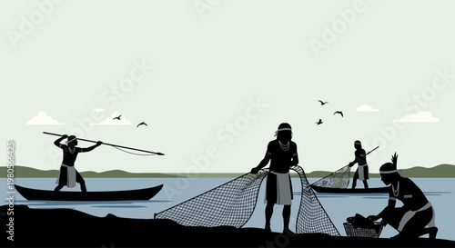 Indigenous people fishing with traditional methods and nets in silhouettes.
