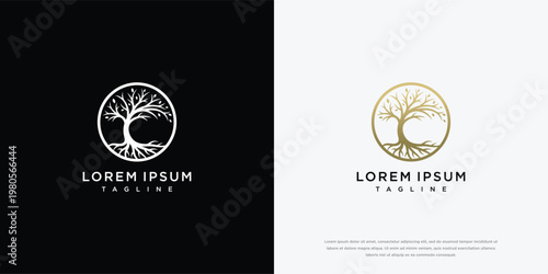 Tableau sur toile Elegant Tree of Life Circle Logo Design with Roots and Branches Concept